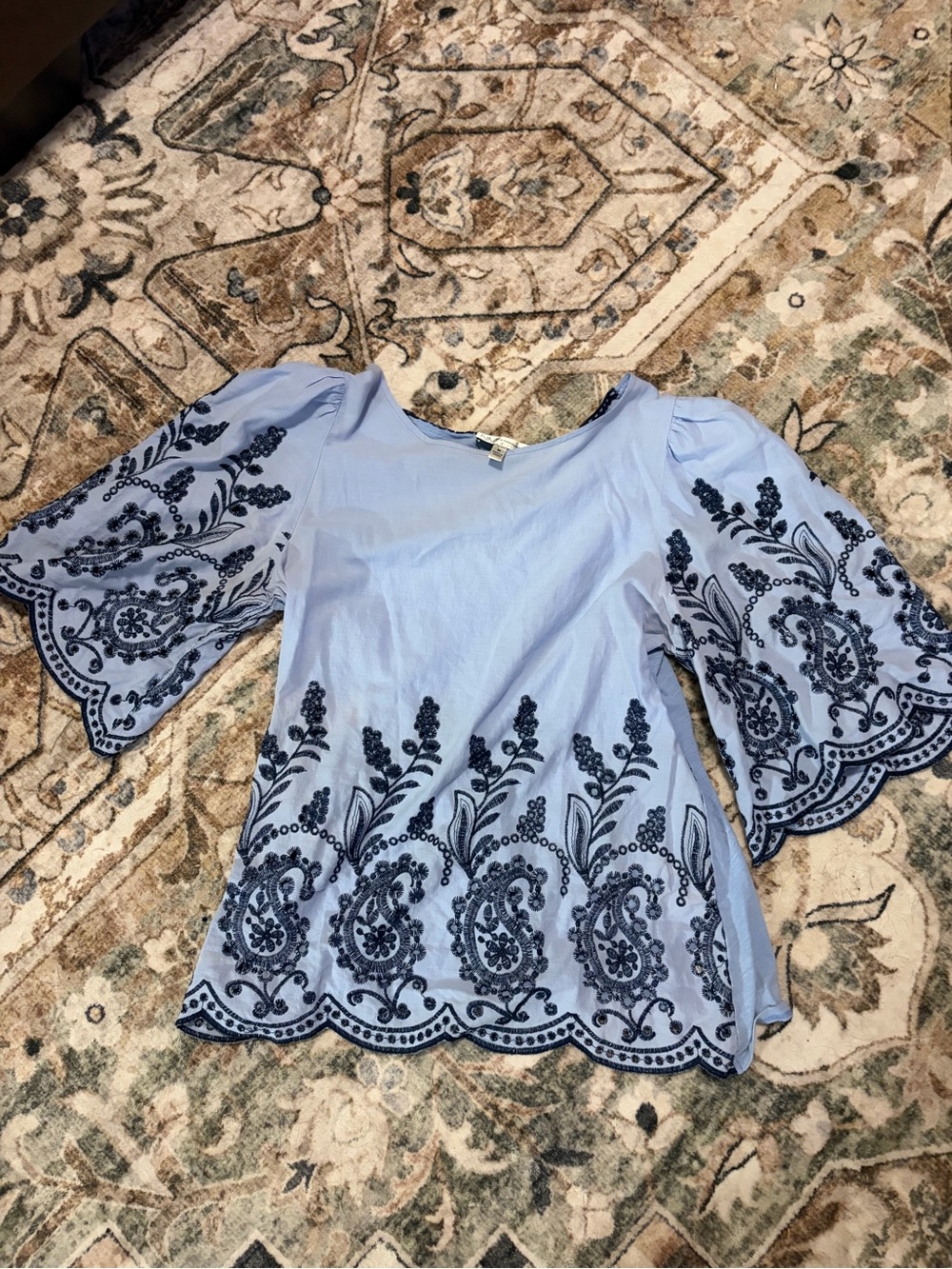 Neiman Marcus Light Blue Embroidered Bell Sleeve Blouse